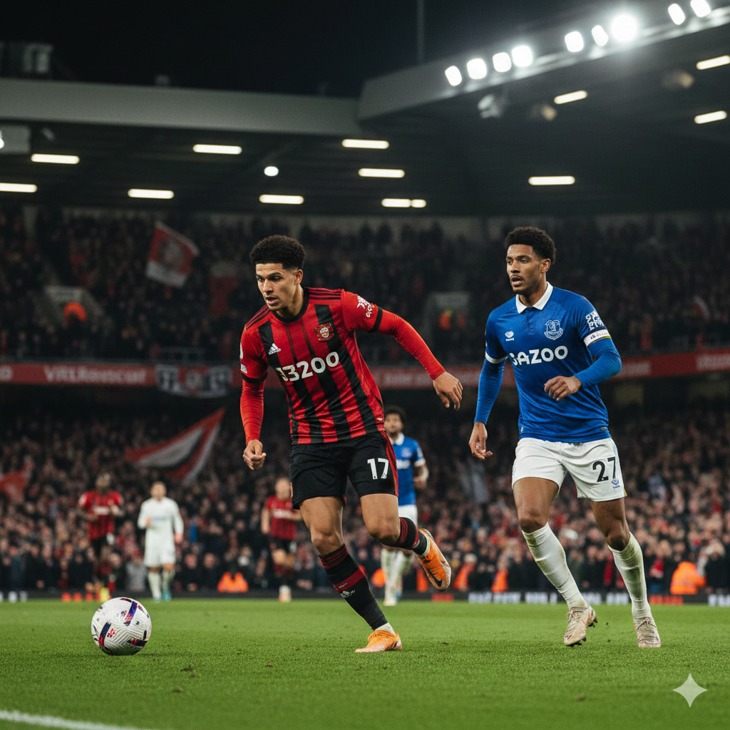 A high-intensity cinematic shot of a football match at Vitality Stadium under bright floodlights. In the foreground, a Bournemouth player in their iconic red and black striped kit is seen celebrating or driving the ball forward, while an Everton player in a blue kit is in pursuit. The background shows a blurry, packed stadium with fans waving flags. The color palette is vibrant, emphasizing the contrast between red and blue, with sharp focus on the action and a shallow depth of field for a professional sports photography style.