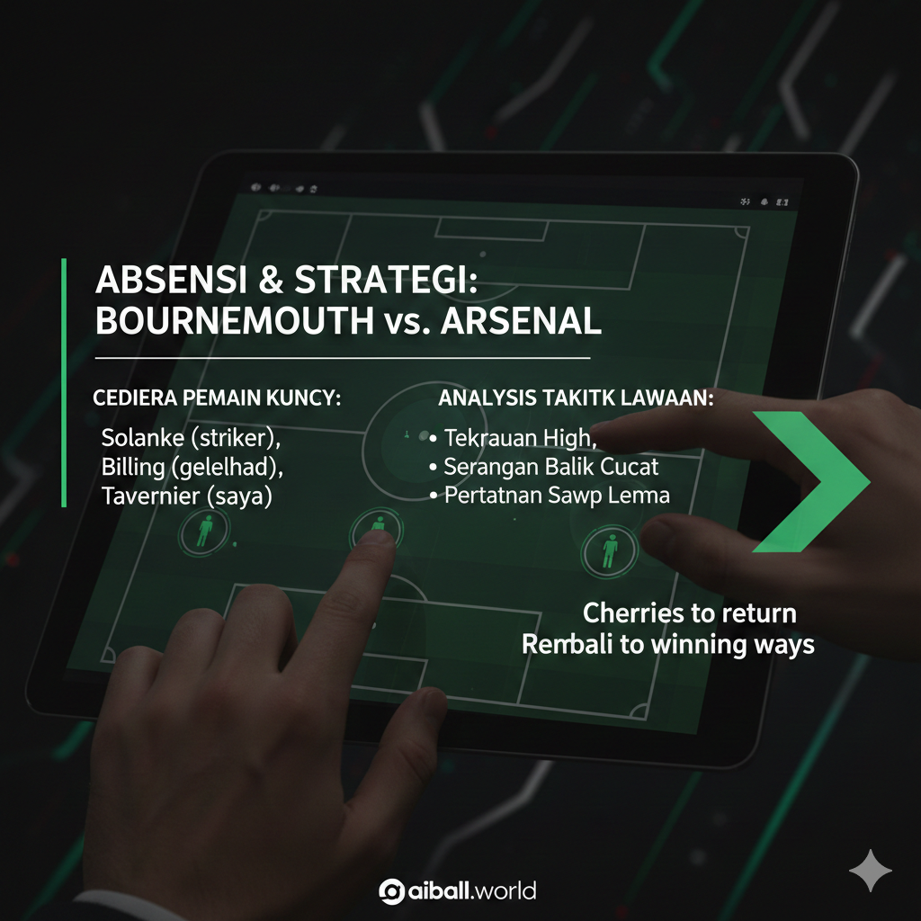 A tactical close-up shot focusing on a football manager's strategy board or a high-tech digital tablet displaying player formations and heat maps. The style is professional and analytical, featuring a sleek, dark background with glowing green and white tactical lines. A pair of hands is seen pointing at player icons representing the key absences mentioned in the text. The lighting is moody and focused, creating a sense of tension and strategic preparation for a high-stakes Premier League match.