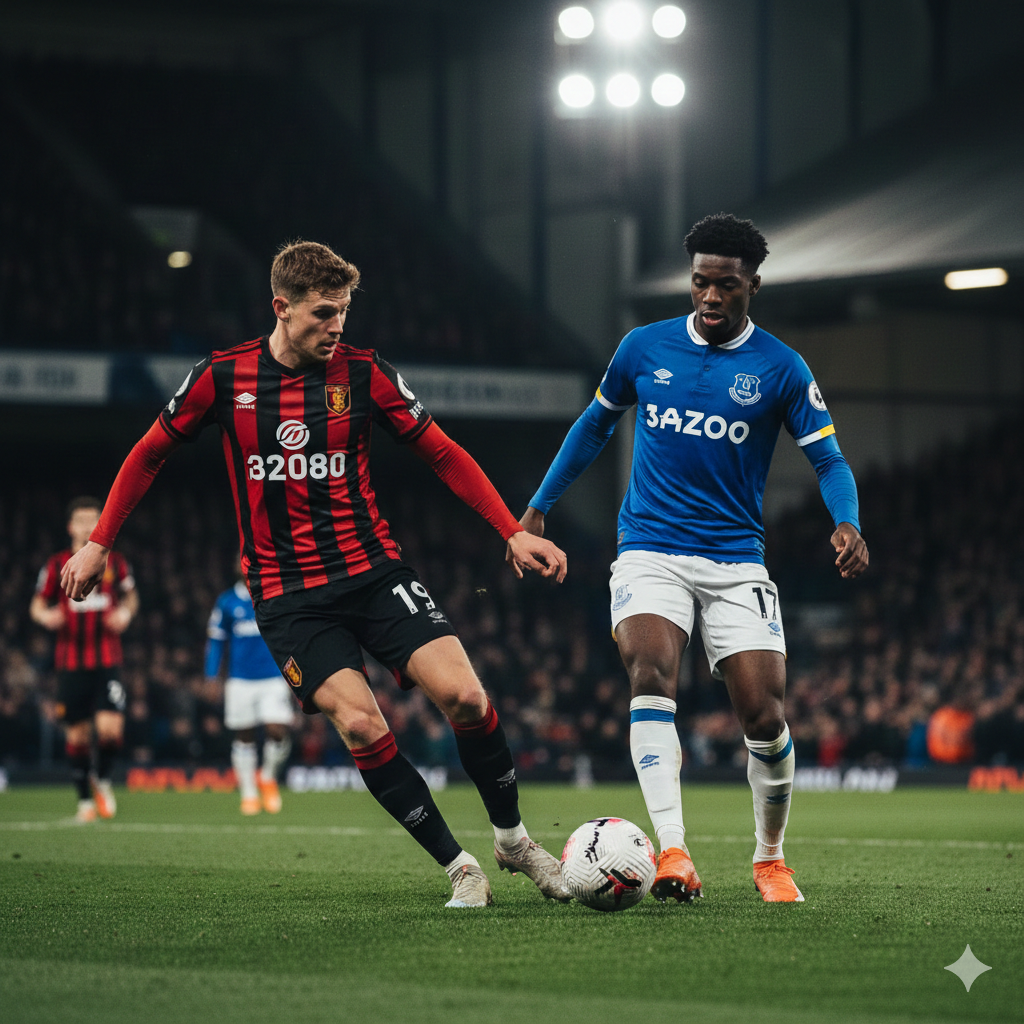A cinematic high-action shot of a football match at Vitality Stadium during twilight. In the foreground, a Bournemouth player in a red and black striped kit is seen dribbling past an Everton defender in a classic blue jersey. The lighting is dramatic with bright stadium floodlights creating a lens flare effect. The background shows a blurry but passionate crowd. The colors are vibrant, emphasizing the contrast between the deep red of Bournemouth and the royal blue of Everton. High-definition sports photography style with a shallow depth of field.