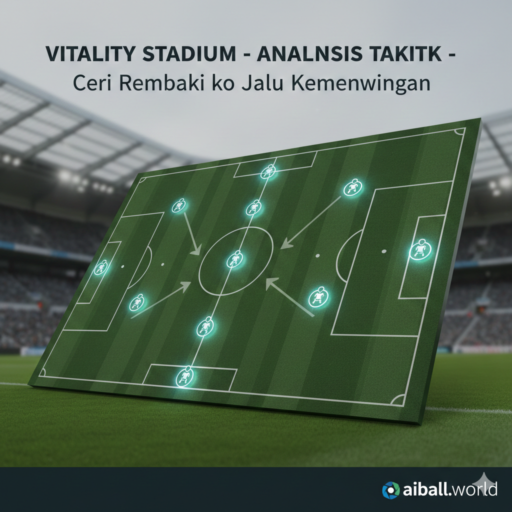 A wide-angle conceptual view of a modern football tactical board overlaying a blurred image of the Vitality Stadium pitch. On the board, digital icons representing player positions for a 4-3-3 formation are visible, with arrows indicating attacking movements. The color palette is professional and sleek, using dark greens, white chalk lines, and glowing neon accents. This image symbolizes the strategic battle between Andoni Iraola and the opposing manager, incorporating a high-tech sports analysis aesthetic suitable for a data-driven site like aiball.world.