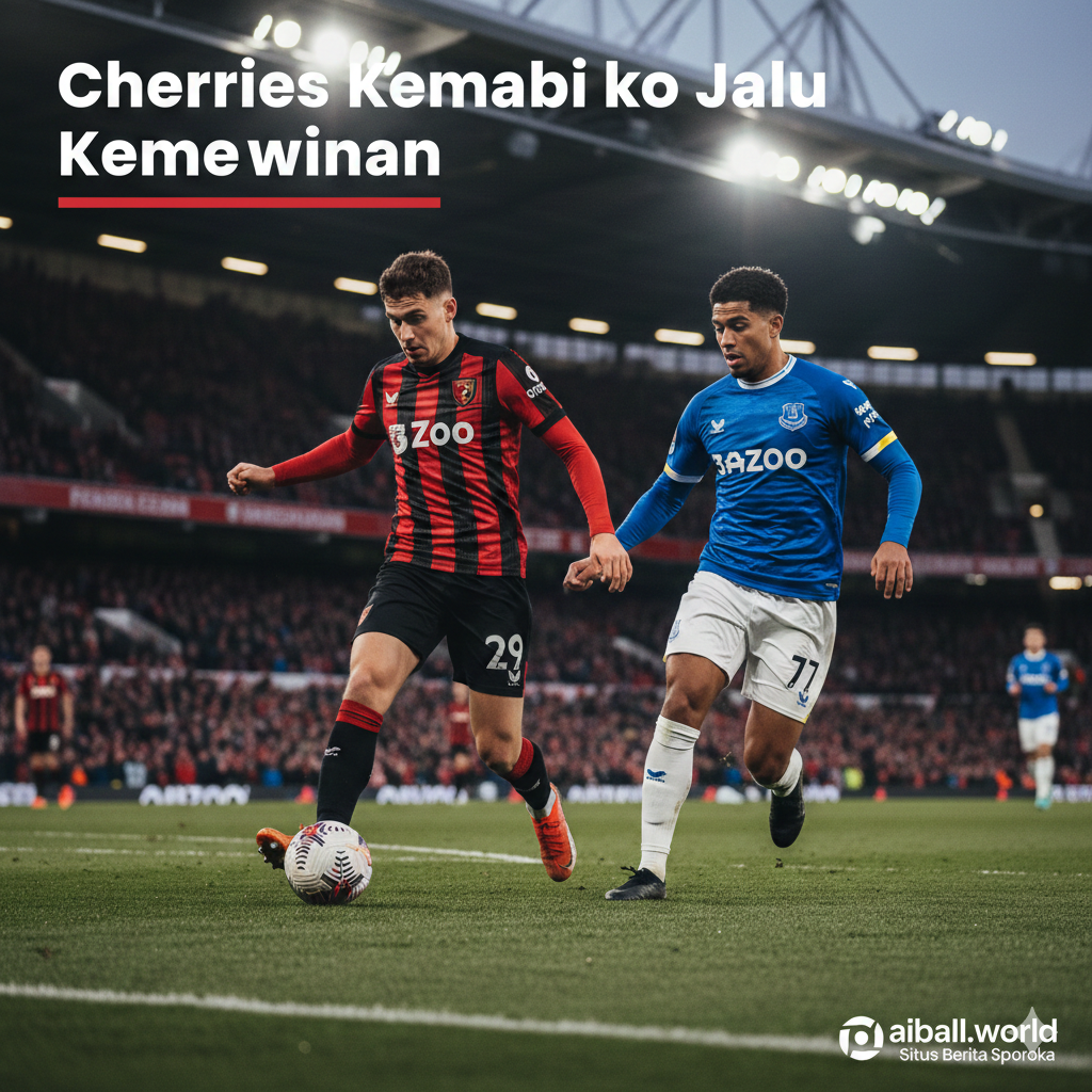 A dynamic high-action shot of a football match between Bournemouth and Everton at the Vitality Stadium. The focal point is a Bournemouth player in a red and black striped kit skillfully dribbling past an Everton defender in a royal blue jersey. The background shows a vibrant, packed stadium under bright stadium floodlights at dusk, with a slight motion blur to emphasize speed. The color palette is dominated by intense red, deep black, and vivid blue, creating a high-contrast and energetic atmosphere. The composition is a wide-angle shot with a low perspective to make the players look heroic.