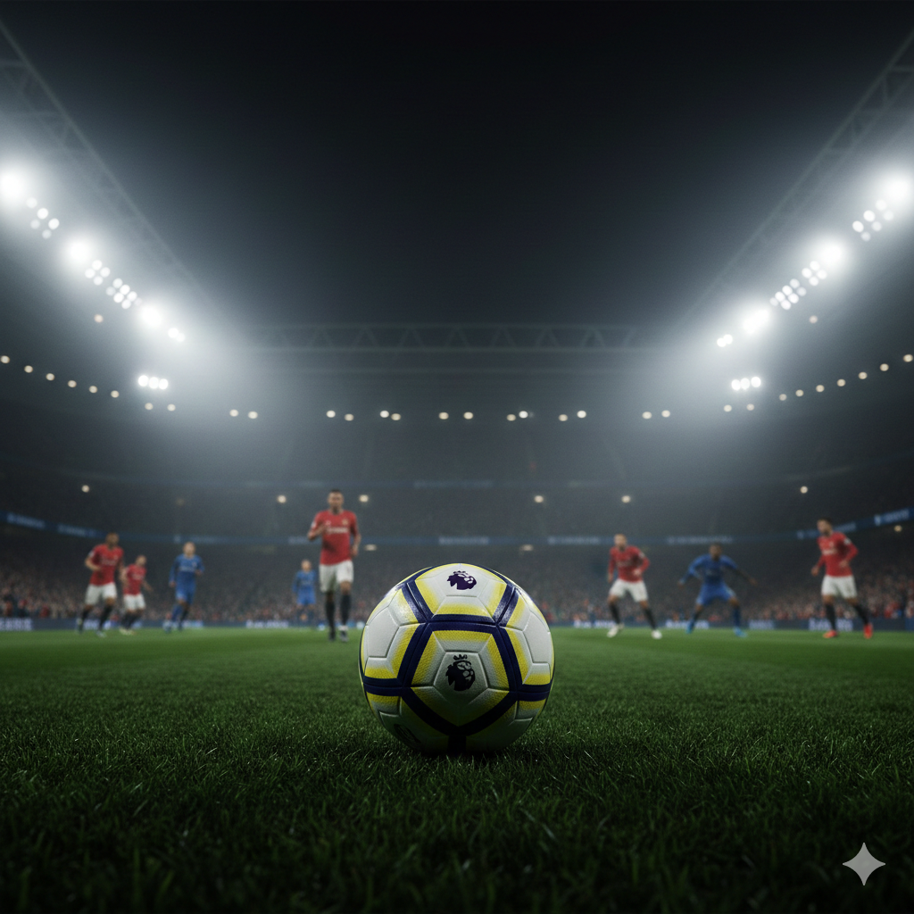 A high-energy cinematic wide shot of a modern Premier League stadium illuminated under bright floodlights during a misty night. In the center, a professional soccer ball with the official league logo sits on the lush green grass, with blurred figures of players in red and blue kits battling in the background. The atmosphere is intense and electric, featuring a color palette of deep stadium shadows contrasted with vibrant green turf and glowing white lights. The composition uses a low-angle perspective to emphasize the scale and excitement of a midweek matchday.