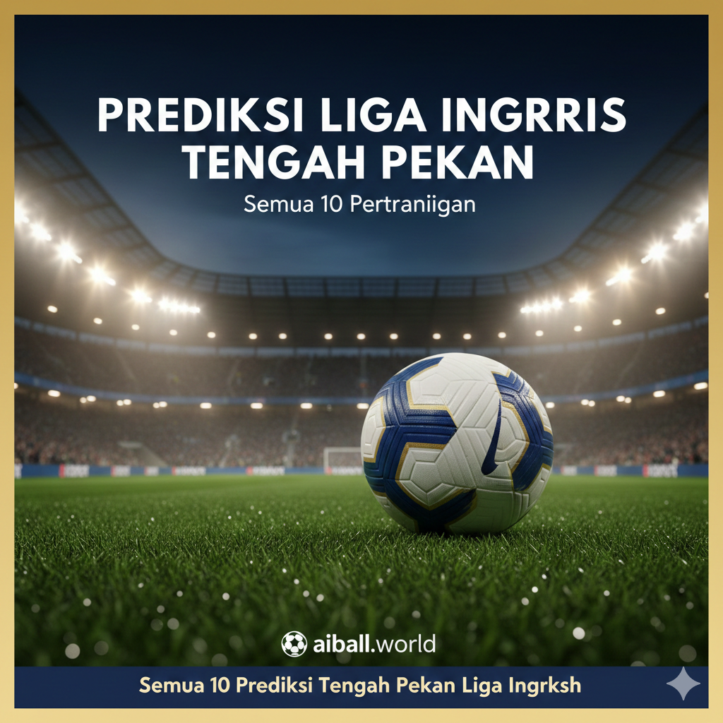 Sebuah gambar suasana stadion sepak bola modern yang megah di malam hari di bawah sorotan lampu stadion (floodlights) yang terang. Di latar depan, terdapat bola sepak resmi Liga Inggris yang ikonik terletak di atas rumput hijau yang sangat detail. Fokus gambar tajam pada bola dan rumput, sementara latar belakang menampilkan siluet penonton yang antusias dan kabut tipis yang memberikan atmosfer dramatis pertandingan tengah pekan. Palet warna didominasi oleh hijau lapangan yang cerah, kontras dengan langit malam biru tua dan kilauan cahaya lampu putih keemasan.