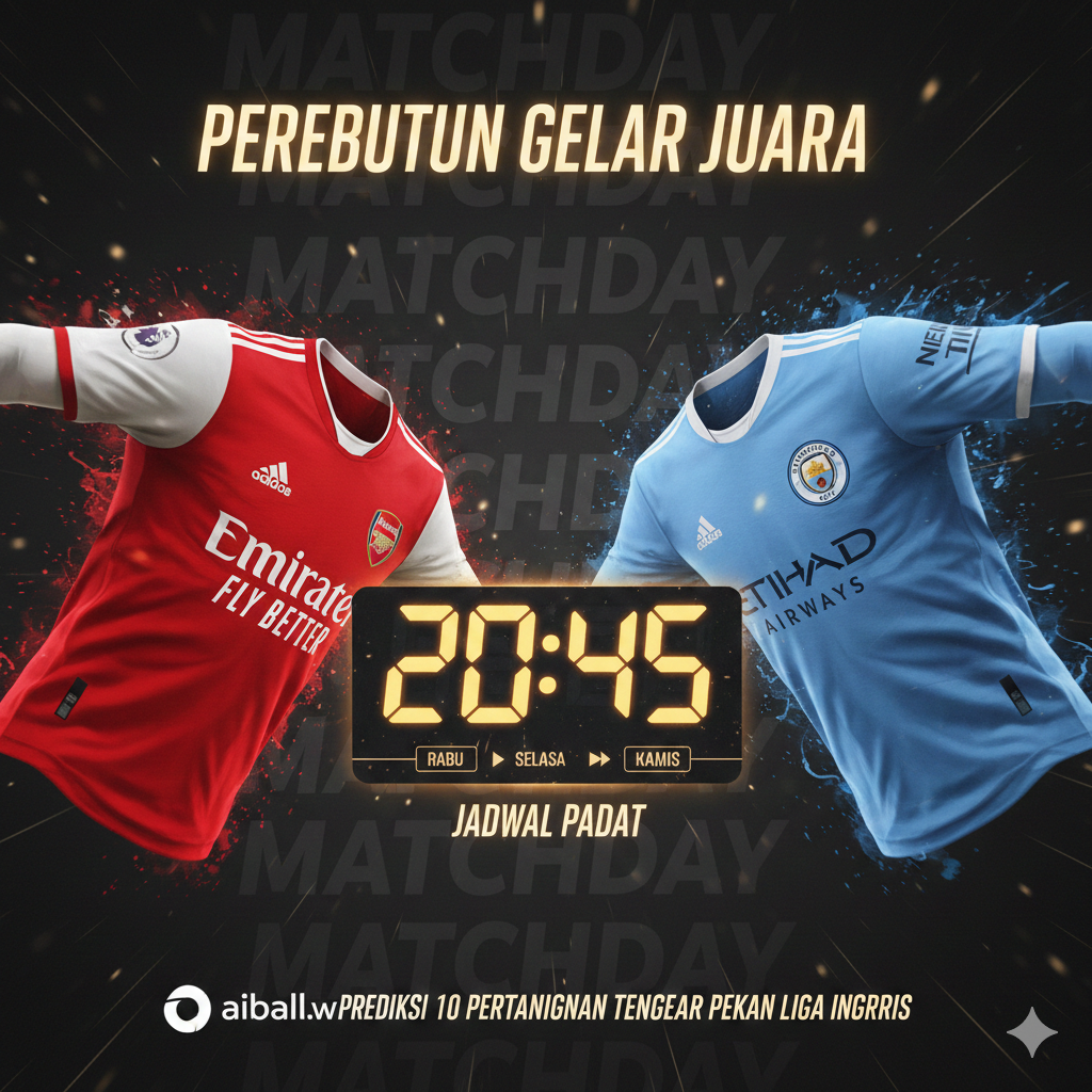 Ilustrasi grafis yang memvisualisasikan persaingan papan atas Liga Inggris, menampilkan elemen jersey merah Arsenal dan jersey biru muda Manchester City yang saling berhadapan. Di tengahnya terdapat jam digital besar atau kalender yang menunjukkan jadwal padat pertandingan. Gaya visualnya modern dan energik dengan efek percikan cahaya dan tipografi tipis bertuliskan 'Matchday' di latar belakang. Penggunaan komposisi split-screen atau simetris memberikan kesan duel yang seimbang antara tim-tim besar yang memperebutkan gelar juara.