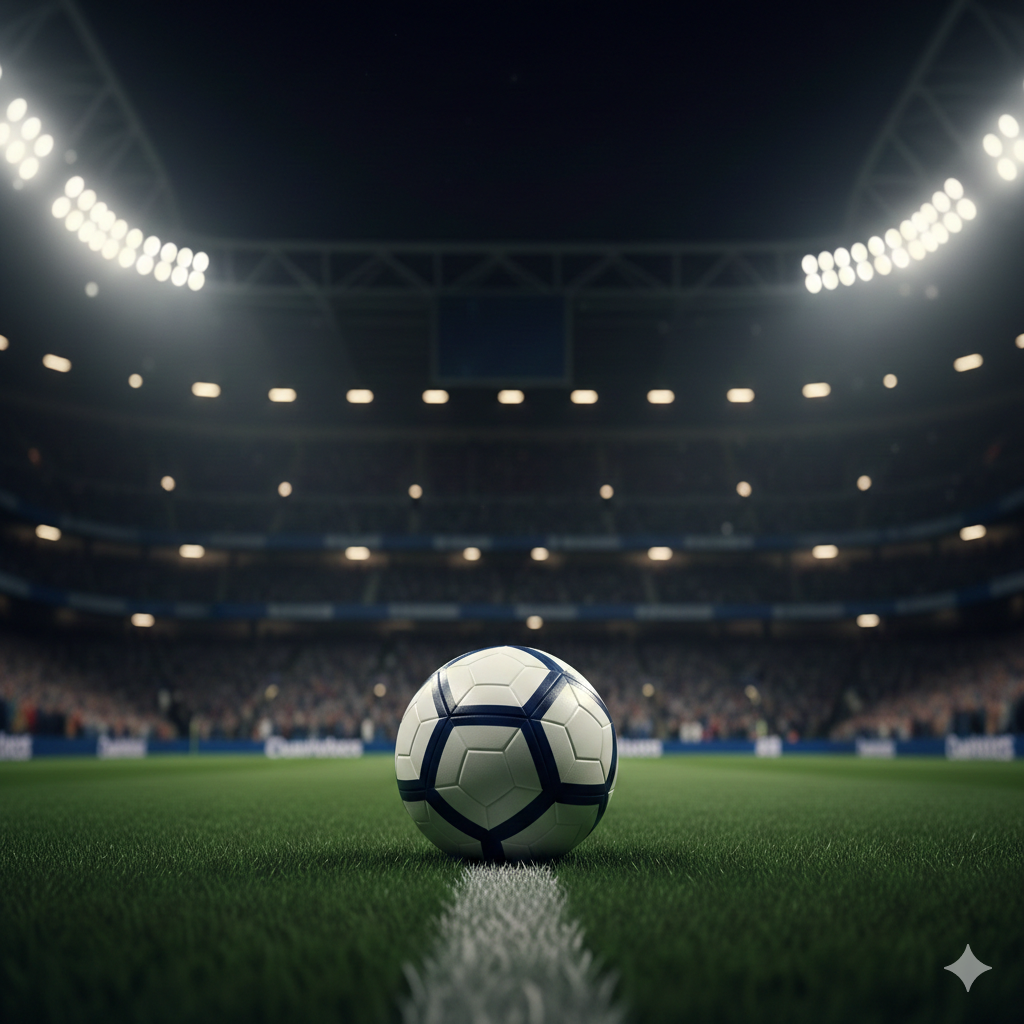 A high-energy cinematic wide shot of a modern English football stadium at night under bright floodlights. In the center, a professional football with the official Premier League style patterns sits on the lush green grass. In the background, blurry silhouettes of passionate fans in the stands create an electric atmosphere. The color palette features deep stadium blues and vibrant grass greens, with a subtle golden glow from the lights. The composition is low-angle, making the ball look heroic and central to the upcoming midweek action.