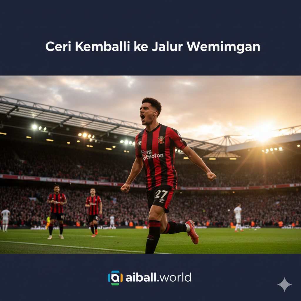 A dynamic high-action shot at Vitality Stadium during a sunset match. In the foreground, a Bournemouth player in the iconic red and black striped kit is celebrating a goal, captured from a low-angle perspective to emphasize heroism. The background shows a blurred stadium crowd with vibrant stadium lights creating a lens flare effect. The color palette is dominated by deep reds, blacks, and the golden glow of the setting sun, conveying a professional Premier League atmosphere with cinematic sharp focus and high contrast.