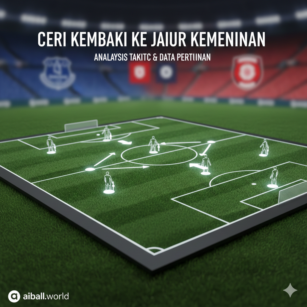 A wide-angle conceptual shot of a modern football tactical board overlaying a lush green football pitch. Visible elements include glowing digital tactical arrows and player icons representing team formations. In the blurred background, the Everton blue and Bournemouth red colors are subtly blended. The lighting is cool-toned and futuristic, symbolizing deep statistical analysis and match strategy. The composition is balanced, with a clean professional aesthetic suitable for a sports news website like aiball.world.