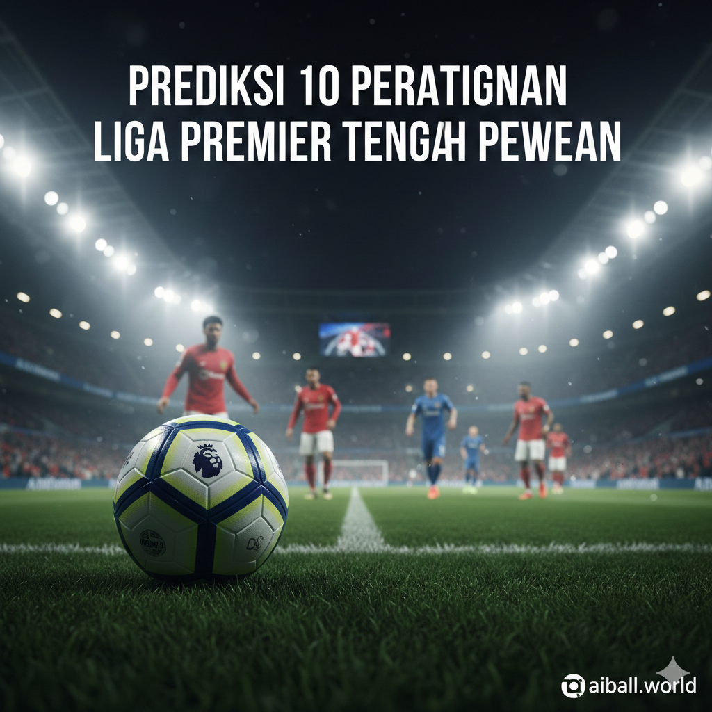 A high-energy cinematic wide shot of a modern Premier League stadium under bright floodlights at night. In the foreground, a professional soccer ball with the official league design sits on the lush green grass. In the blurred background, silhouettes of players in red, blue, and white jerseys are visible, capturing the intensity of a midweek matchday. The atmosphere is filled with a subtle misty haze and glowing stadium lights. The color palette features vibrant greens, deep blues, and brilliant white light, conveying a sense of professional sports excitement and high stakes.