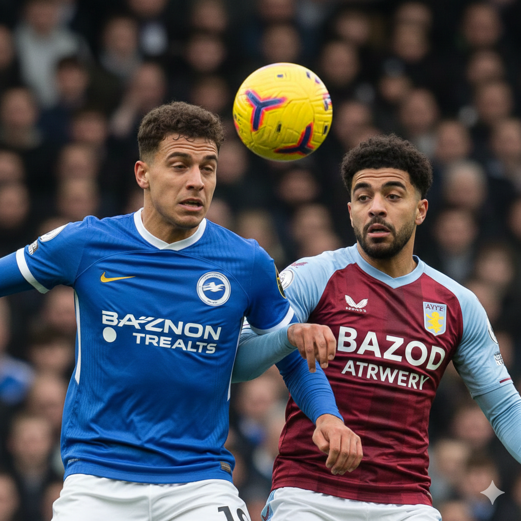 An action-oriented close-up shot capturing the intensity of a top-four battle. Two football players, one in a bright seagull-blue and white kit (Brighton style) and another in a claret and blue kit (Aston Villa style), are seen competing for a header. The focus is sharp on the players' determined expressions and the texture of their jerseys, while the background shows a packed, cheering crowd in a bokeh effect. The lighting is dramatic and focused, highlighting the sweat and movement. The composition is dynamic and diagonal, emphasizing the competitive spirit of the Premier League.