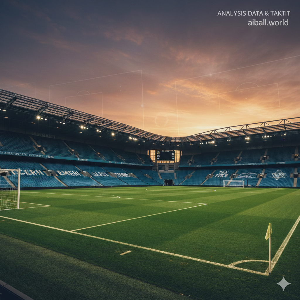 A wide-angle atmospheric shot of the Vitality Stadium interior during sunset, capturing the empty pitch with perfectly manicured green grass and white goalposts. The sky above the stadium is a mix of deep orange and purple. The style is professional and clean, using a shallow depth of field. Subtle digital overlays of football tactical lines or a blurred scoreboard could be present in the background to emphasize the analytical nature of the article. Cool and professional color palette with warm golden hour light hitting the stands.