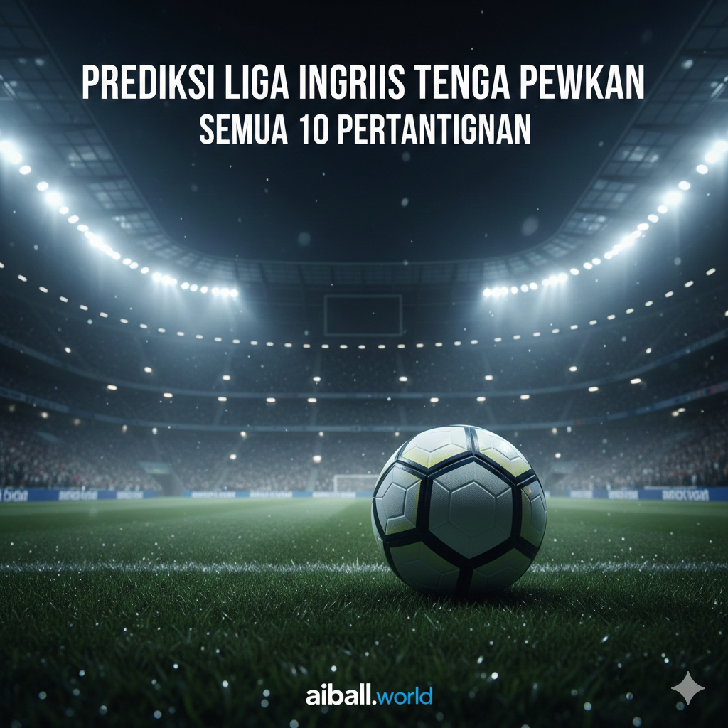 Pemandangan dramatis stadion sepak bola Inggris yang modern dan megah di malam hari di bawah sorotan lampu stadion (floodlights) yang terang. Di latar depan, terdapat bola sepak bola Premier League yang mengkilap di atas rumput hijau yang dipotong rapi dengan embun tipis. Atmosfer stadion dipenuhi dengan kabut tipis dan cahaya biru serta putih yang sinematik. Komposisi menggunakan sudut rendah (low angle) untuk menciptakan kesan megah, dengan tribun penonton yang penuh sesak namun sedikit blur di latar belakang untuk memberikan efek kedalaman (bokeh). Gaya visual realistis, tajam, dan penuh energi kompetisi profesional.