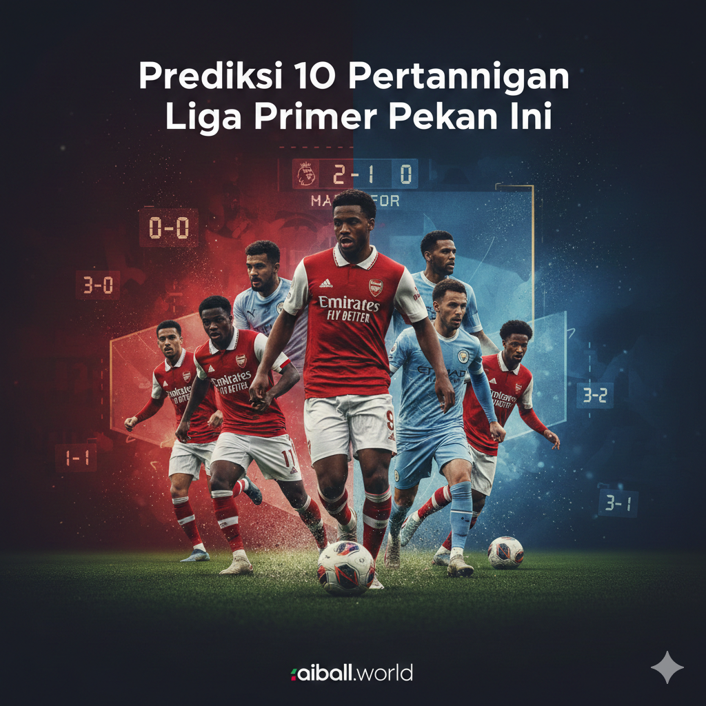 Kolase artistik yang menampilkan siluet pemain sepak bola dari klub papan atas seperti Arsenal, Man City, dan Liverpool dalam aksi dinamis di lapangan. Latar belakang menggunakan elemen grafis modern dengan perpaduan warna merah, biru, dan emas yang melambangkan persaingan perebutan gelar juara. Terdapat aksen papan skor digital abstrak yang menampilkan angka-angka prediksi pertandingan. Pencahayaan fokus pada gerakan atletis pemain dengan efek partikel rumput yang beterbangan. Desain bersih, bergaya majalah olahraga premium, dengan komposisi seimbang yang menonjolkan intensitas persaingan liga.