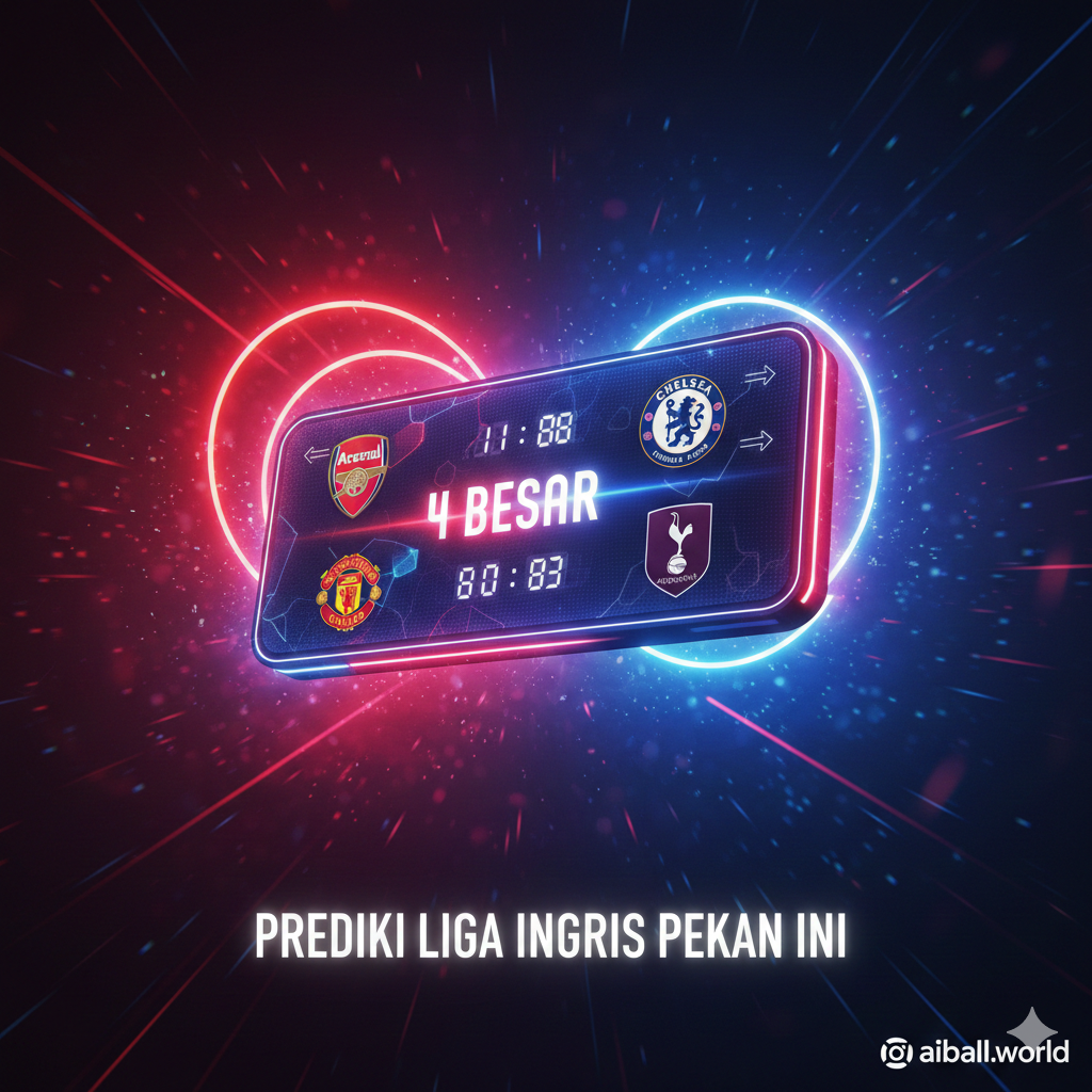 Representasi visual artistik yang menggambarkan persaingan ketat di papan atas klasemen Liga Inggris. Gambar menampilkan kolase dinamis dari elemen warna klub seperti merah Arsenal, biru Chelsea, dan ungu Aston Villa yang saling tumpang tindih secara elegan. Fokus utama adalah papan skor digital modern yang menampilkan logo klub-klub besar yang akan bertanding tengah pekan ini. Gaya visualnya sinematik dengan efek pencahayaan neon, menunjukkan ketegangan perebutan posisi empat besar dengan komposisi dinamis yang penuh semangat.
