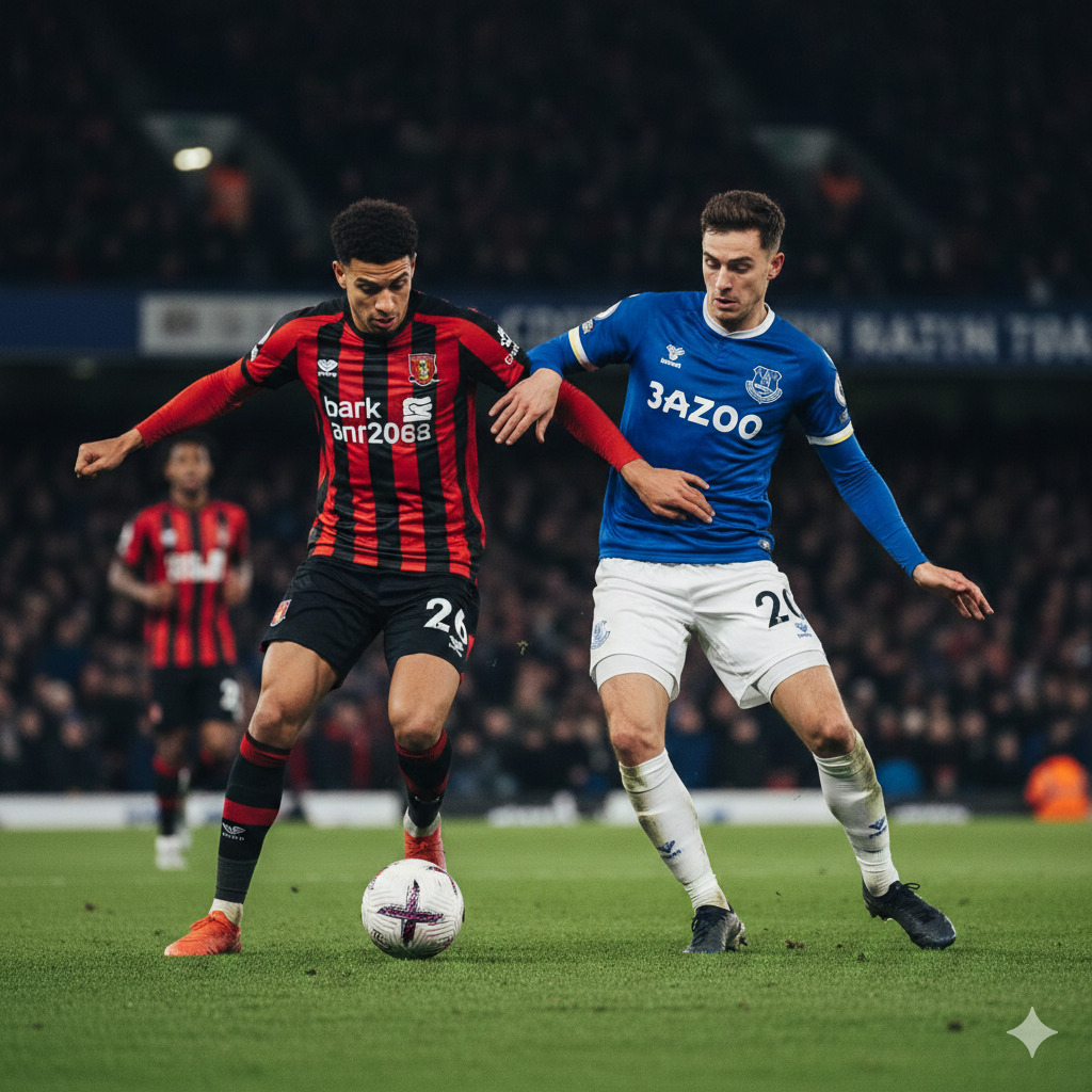 A dynamic action shot of two football players representing Bournemouth and Everton in a heated duel for the ball at Vitality Stadium. The Bournemouth player is in a classic red and black striped kit, while the Everton player wears the traditional royal blue. The background shows a blurry, packed stadium with floodlights creating a high-stakes evening atmosphere. The style is cinematic sports photography with vivid colors, high contrast, and a wide-angle composition that captures the intensity of the Premier League.