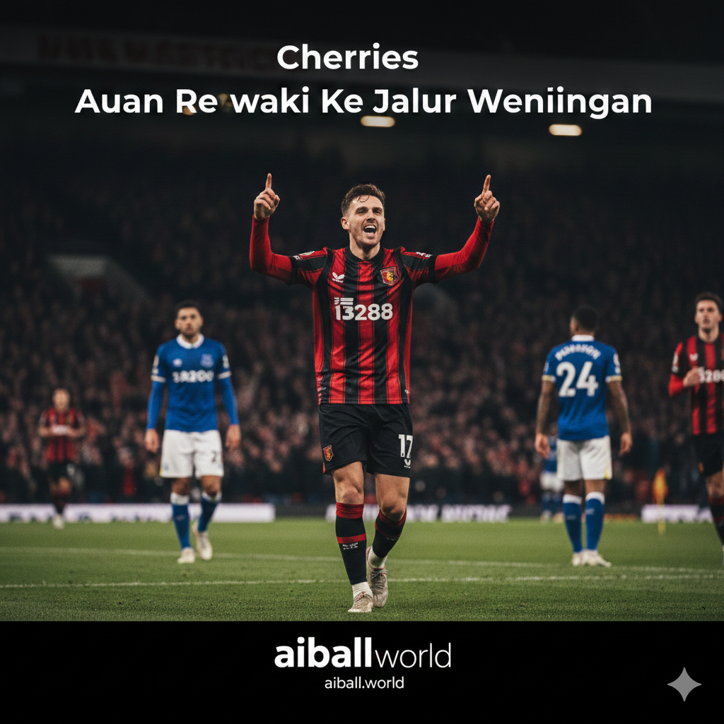A high-energy cinematic shot of Vitality Stadium under floodlights during a night match. The focus is on a professional soccer player in a red and black striped Bournemouth kit celebrating a goal, with blurred Everton players in blue in the background. The atmosphere is intense with a slight motion blur to signify action. The color palette is dominated by deep reds, blacks, and stadium green, captured with a wide-angle lens from a low-angle perspective to evoke a sense of drama and importance.