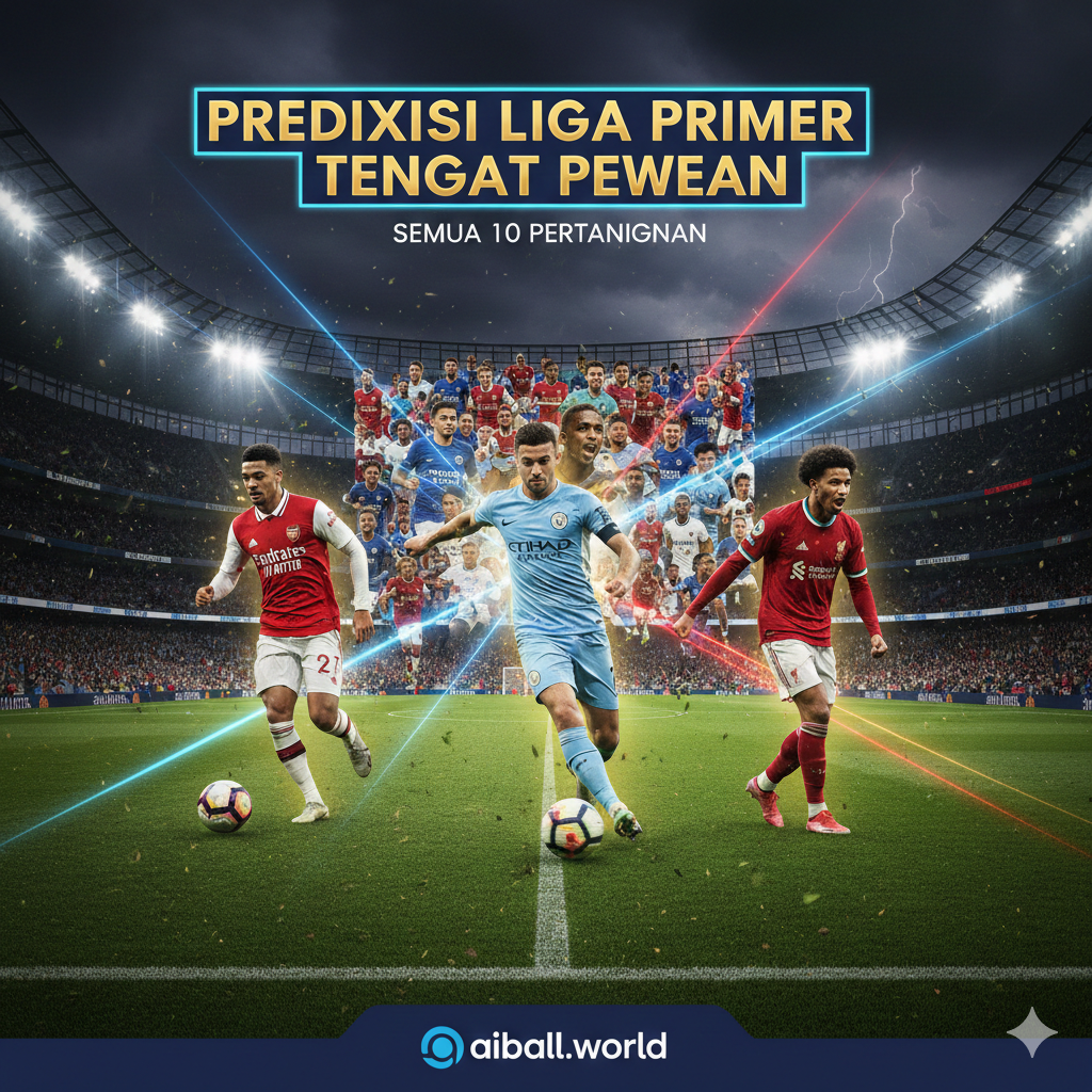 Sebuah komposisi sinematik yang menampilkan kolase pemain bintang dari klub-klub utama Premier League seperti Arsenal, Manchester City, dan Liverpool. Latar belakangnya adalah stadion sepak bola yang megah dengan lampu sorot terang di malam hari, menciptakan atmosfer pertandingan tengah pekan yang dramatis. Warna dominan adalah biru elektrik, merah, dan emas dengan efek pencahayaan dinamis dan partikel rumput yang beterbangan. Desainnya modern dan energik, cocok untuk situs berita olahraga profesional.