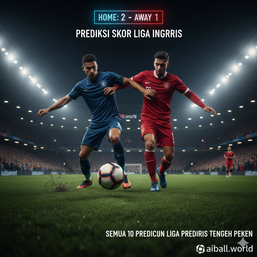 Pemandangan dari sudut rendah yang menangkap aksi intens di lapangan sepak bola selama pertandingan malam hari. Fokus pada bola yang sedang diperebutkan dengan latar belakang tribun penonton yang penuh sesak dan sedikit blur (bokeh). Skema warna menggunakan kontras tinggi antara hijaunya rumput di bawah lampu stadion dan kegelapan langit malam. Elemen visual mencakup papan skor digital yang menyala, memberikan kesan kompetisi Premier League yang ketat dan penuh tekanan bagi tim-tim yang bertanding.