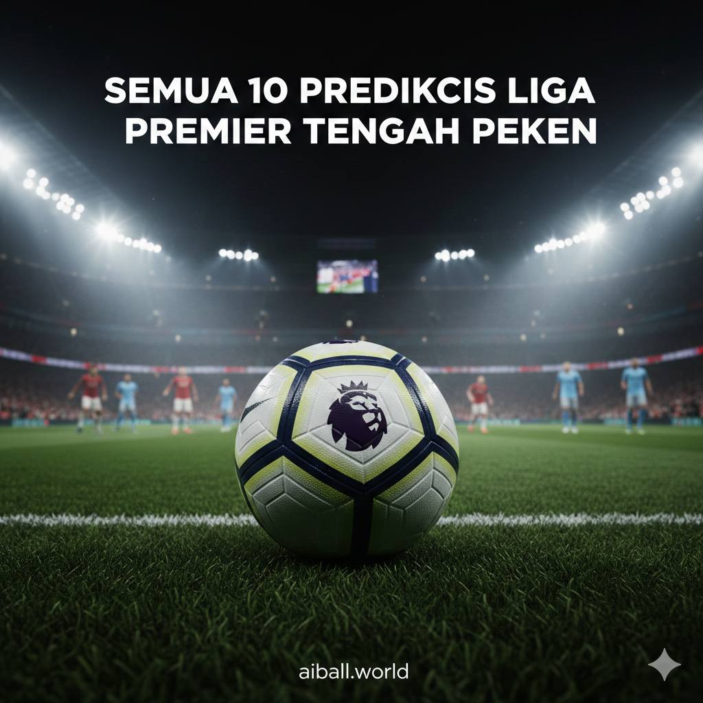 A high-energy cinematic wide shot of a modern Premier League stadium illuminated under bright floodlights at night. In the center, a professional football with the iconic Premier League logo sits on the lush green grass, with blurred figures of players from top teams like Arsenal, Man City, and Liverpool in the background. The atmosphere is electric with a slight mist in the air, using a vibrant color palette of deep stadium greens, bright whites from the lights, and hints of team colors like red and blue. The composition follows the rule of thirds with a low-angle perspective to emphasize the scale of the midweek matches.