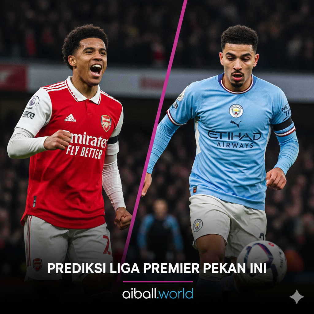 A focused action shot representing the intense title race between Arsenal and Manchester City. The image features a split-screen or dual-focus composition: on one side, a player in Arsenal's red and white kit celebrating a goal, and on the other, a Manchester City player in sky blue showing intense focus during a dribble. The background is a blurred, roaring stadium crowd. The lighting is dramatic with high contrast, emphasizing the sweat and determination on the players' faces. The overall style is professional sports photography with sharp details and saturated colors to match the aiball.world high-tech sports analysis vibe.