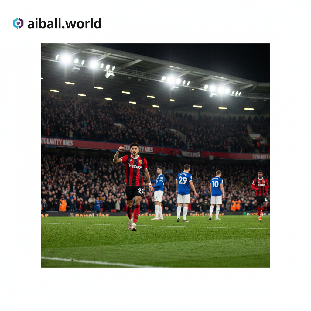 A high-action cinematic wide shot of a football match between Bournemouth and Everton at the Vitality Stadium. In the foreground, a Bournemouth player in their iconic red and black striped jersey is celebrating a goal under the bright stadium floodlights. The background shows a blurry crowd of cheering fans and the green pitch. The color palette is vibrant with high contrast, focusing on the deep red of Bournemouth and the royal blue of Everton jerseys, capturing a professional sports photography style with a shallow depth of field.