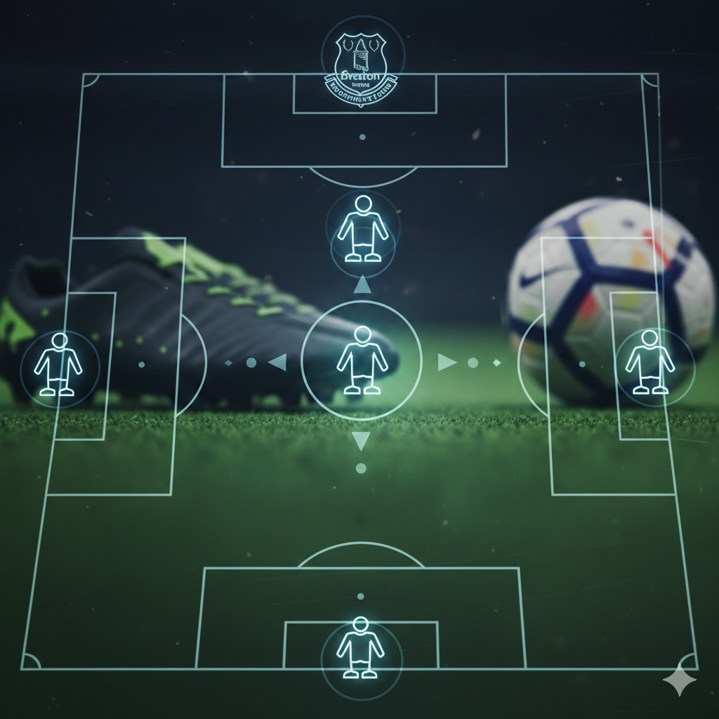 A detailed close-up shot of a football tactical board or a digital screen overlay showing a strategic formation for Bournemouth vs Everton. The image features glowing player icons and tactical arrows indicating movement on a green pitch background. To the side, realistic elements like a pair of professional football boots and a branded match ball are visible but slightly out of focus. The style is sleek and modern, using a professional sports broadcasting aesthetic with cool lighting and sharp graphical lines to represent the deep analysis of the upcoming game.