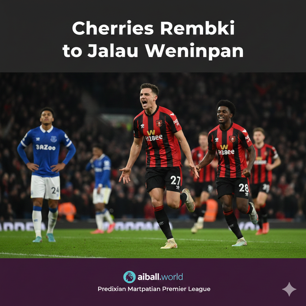 A high-action cinematic wide shot of a football match at Vitality Stadium under bright stadium lights. In the foreground, a Bournemouth player in the iconic red and black striped kit is celebrating a goal with intense emotion. In the blurred background, an Everton player in a blue kit looks dejected. The atmosphere is electric with a crowded stadium and green grass. The style is professional sports photography with vibrant colors, sharp focus on the main player, and a dynamic composition that captures the excitement of the Premier League.