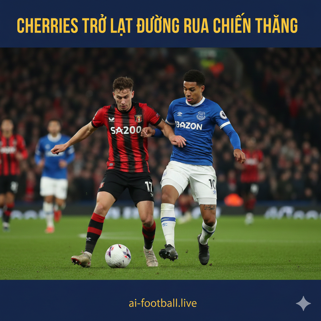 A detailed close-up shot of a tactical whiteboard inside a modern football locker room. The board shows a strategic formation layout with magnetic markers representing Bournemouth (red) and Everton (blue) players. In the background, professional football equipment like boots and a match ball are visible but slightly out of focus. The lighting is warm and dramatic, highlighting the analytical side of the game. The composition is clean and modern, reflecting the professional nature of aiball.world sports analysis.