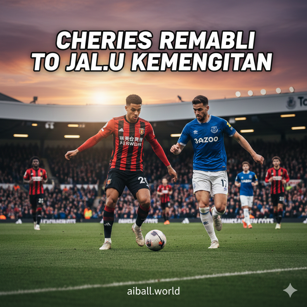 A high-intensity football action scene set at Vitality Stadium during a sunset match. The image features a Bournemouth player in a distinctive red and black striped kit skillfully dribbling past an Everton defender in a classic blue jersey. In the background, the stadium stands are filled with passionate fans under dramatic orange and purple twilight skies.