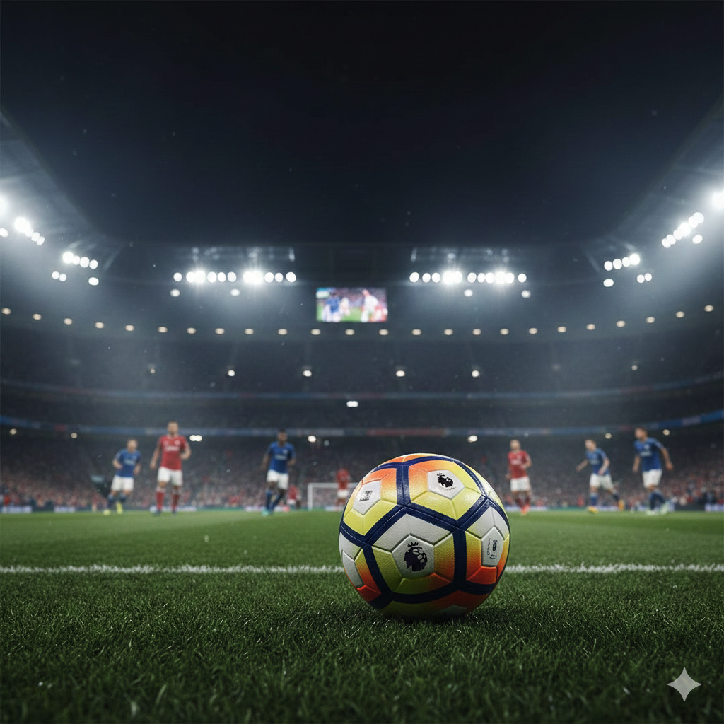 Pemandangan dramatis stadion sepak bola Inggris modern di malam hari di bawah sorotan lampu stadion yang terang. Di latar depan, terdapat bola sepak Premier League yang ikonik di atas rumput hijau yang sempurna dengan tetesan embun. Latar belakang menampilkan siluet buram pemain dari berbagai klub papan atas seperti Arsenal dan Man City yang sedang bertanding. Atmosfernya penuh energi dengan palet warna biru tua, emas, dan hijau rumput yang tajam. Komposisinya menggunakan sudut rendah (low angle) untuk menciptakan kesan megah dan sinematik, cocok untuk merepresentasikan intensitas jadwal pekan tengah musim.