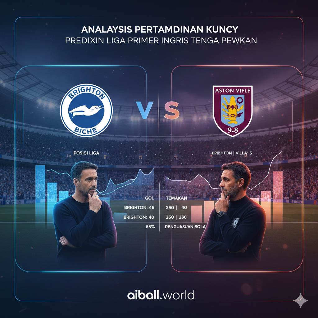 Visualisasi grafis yang membandingkan dua tim papan atas, Brighton dan Aston Villa, dalam gaya siaran olahraga modern. Gambar menampilkan elemen statistik transparan, logo klub yang elegan, dan siluet manajer seperti Mikel Arteta atau Unai Emery dalam pose berpikir taktis. Skema warnanya menggunakan gradasi warna neon yang dinamis dengan latar belakang stadion yang dipenuhi penonton yang riuh namun estetik. Pencahayaan fokus pada elemen tengah untuk memberikan kesan analisis mendalam dan profesional sesuai dengan gaya situs aiball.world yang berfokus pada data dan prediksi pertandingan.