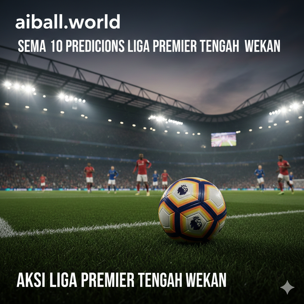 A dynamic high-angle shot of a modern English football stadium at night under bright floodlights. The atmosphere is electric with a slight mist in the air. In the foreground, a professional football with the iconic Premier League lion logo sits on the lush green grass. In the background, blurry silhouettes of players in red and blue kits are competing.