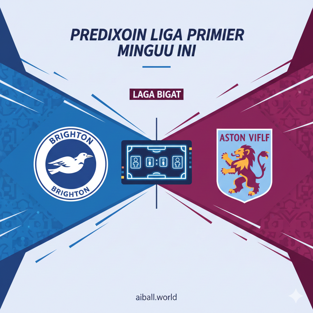 A conceptual split-screen style illustration representing a tactical battle between two high-performing teams. On one side, seagull motifs in bright blue and white (Brighton), and on the other, lion motifs in maroon and azure (Aston Villa). Between them is a glowing digital scoreboard or a tactical magnetic board with player icons.
