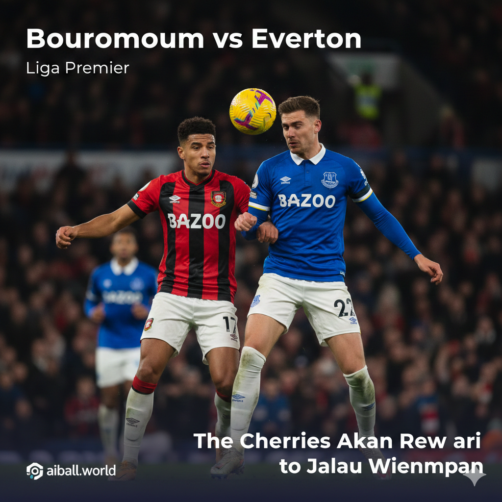 A high-intensity cinematic shot of a football match at Vitality Stadium under bright floodlights. Two players, one in Bournemouth's iconic red and black striped kit and another in Everton's classic royal blue kit, are seen competing fiercely for a header. The background shows a packed stadium with a slight motion blur to emphasize the action. The lighting is dramatic and vibrant, with a professional sports photography style, focusing on the passion and energy of the Premier League.