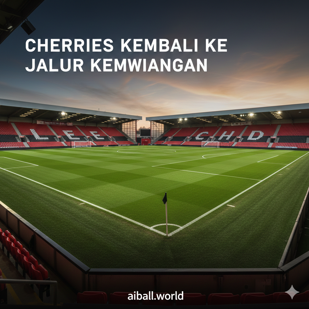 A wide-angle landscape shot of the Vitality Stadium (Dean Court) pitch during the golden hour just before a night match. The lush green grass is perfectly manicured with visible mowing patterns. The red and black seats of the stands are visible, and the sky is a mix of deep blue and orange. The composition is clean and modern, representing the home advantage of The Cherries, with a professional and clean aesthetic suitable for a sports news website.