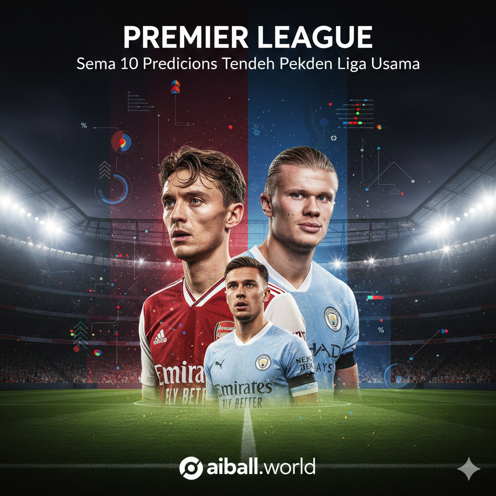 Sebuah komposisi dramatis yang menampilkan visual stadion sepak bola modern di bawah lampu sorot malam hari. Di bagian tengah, terdapat kolase digital dari pemain kunci seperti Martin Ødegaard (Arsenal) dan Erling Haaland (Man City) dengan ekspresi penuh tekad. Latar belakangnya menggunakan perpaduan warna merah Arsenal và biru langit Man City yang elegan. Gaya visual bersifat sinematik với hiệu ứng percikan cahaya, tipografi teks 'Premier League' yang tajam, dan elemen grafis statistik sepak bola yang transparan untuk memberikan kesan profesional dan modern sesuai estetika aiball.world.