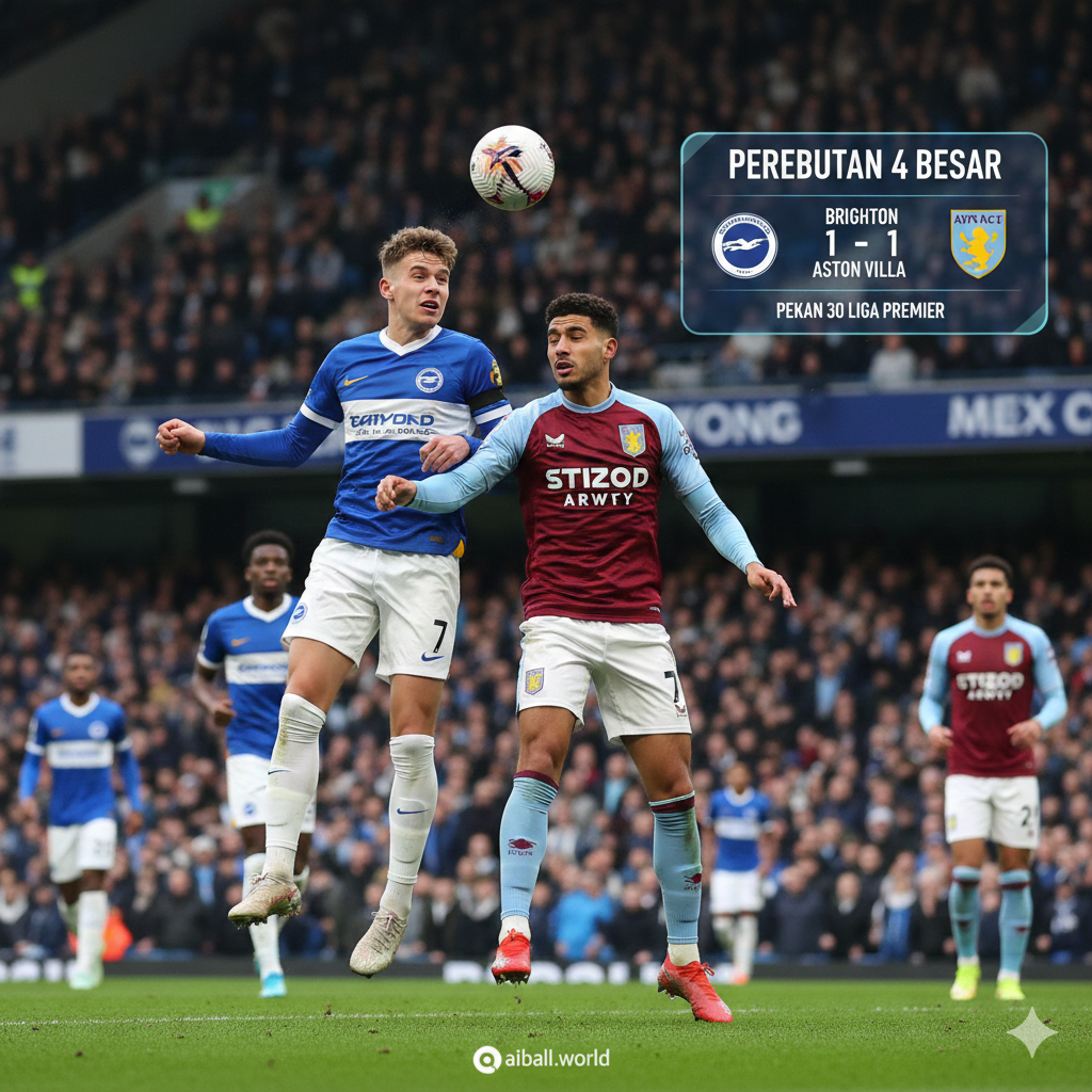 Visualisasi intensitas pertandingan antara Brighton dan Aston Villa untuk perebutan posisi empat besar. Gambar menampilkan dua pemain dari masing-masing tim yang sedang berebut bola dengan latar belakang Stadion AMEX yang penuh penonton namun sedikit blur (bokeh) untuk fokus pada aksi. Skema warna didominasi oleh biru-putih Brighton và màu claret-biru Aston Villa. Komposisi menggunakan sudut pandang rendah (low-angle) untuk menambah kesan heroik dan dinamis, dilengkapi dengan elemen grafis papan skor transparan di sudut gambar untuk menekankan konteks persaingan klasemen.