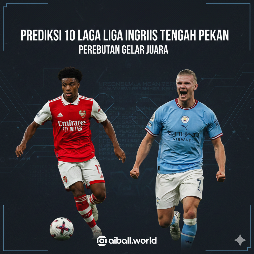 Visual spektakuler stadion Premier League di malam hari di bawah sorotan lampu stadion yang terang. Fokus utama adalah trofi Premier League yang mengkilap di pinggir lapangan dengan latar belakang buram pemain Arsenal dan Manchester City yang sedang bertanding. Gaya fotografi olahraga profesional dengan kontras tinggi, warna palet biru elektrik dan merah yang dramatis, serta atmosfer yang penuh energi dan ketegangan kompetisi papan atas.