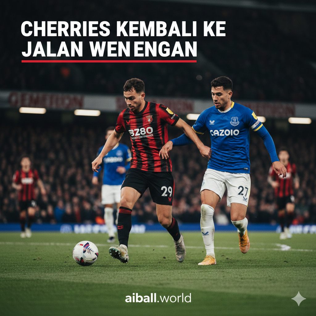 A high-action cinematic shot of a football match between Bournemouth and Everton players at Vitality Stadium. The scene features a Bournemouth player in a red and black striped kit skillfully dribbling past an Everton defender in a blue kit. The background shows a packed, blurred stadium under bright floodlights at night, creating an intense atmosphere. The color palette is vibrant with strong contrasts, focusing on the dynamic movement of the players and the professional sports photography style with a shallow depth of field.