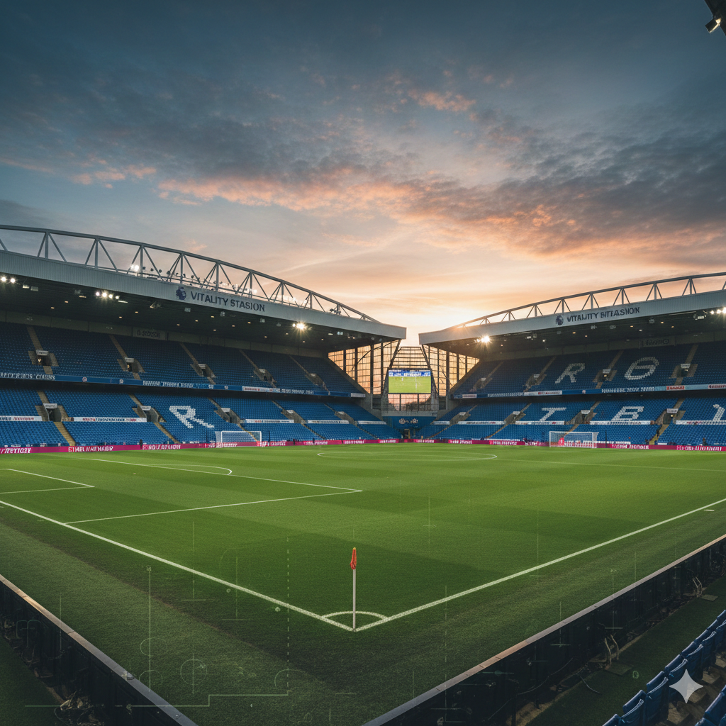 A wide-angle atmospheric shot of the Vitality Stadium during a sunset match. The sky is a mix of orange and deep blue, reflecting on the lush green pitch. The composition highlights the stadium's architecture and the professional league branding. In the foreground, a digital-style overlay subtly hints at sports statistics or a tactical formation, emphasizing the analytical nature of the article. The style is clean and modern, suitable for a sports news website, with a focus on the grand scale of a Premier League venue.