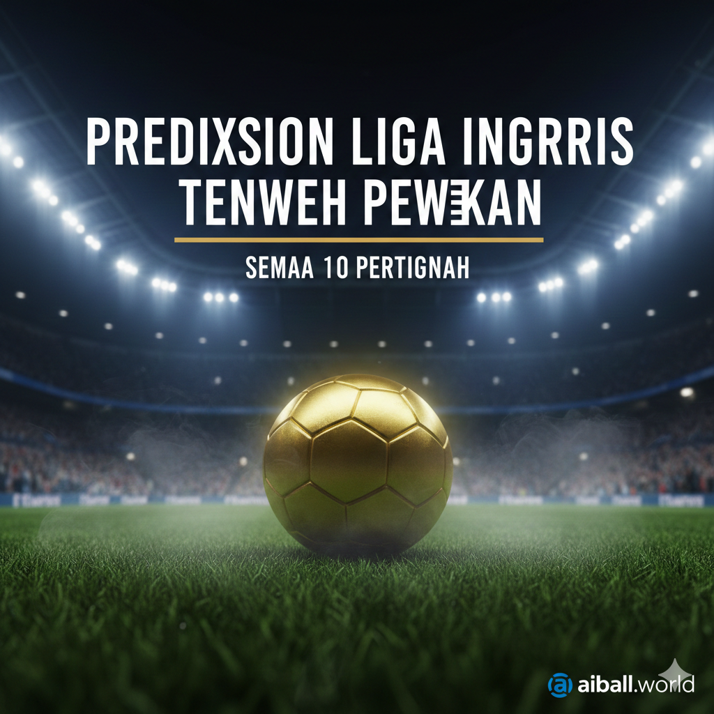 A high-energy cinematic wide shot of a modern football stadium under floodlights at night, capturing the intense atmosphere of a Premier League midweek matchday. In the center, a high-quality 3D render of a golden football rests on the lush green grass with misty atmospheric effects. The background features blurred silhouettes of cheering fans in the stands. The color palette is dominated by deep blues and vibrant greens, contrasted with bright white stadium lights to create a professional sports broadcast aesthetic. Elements of motion blur around the edges suggest speed and excitement.