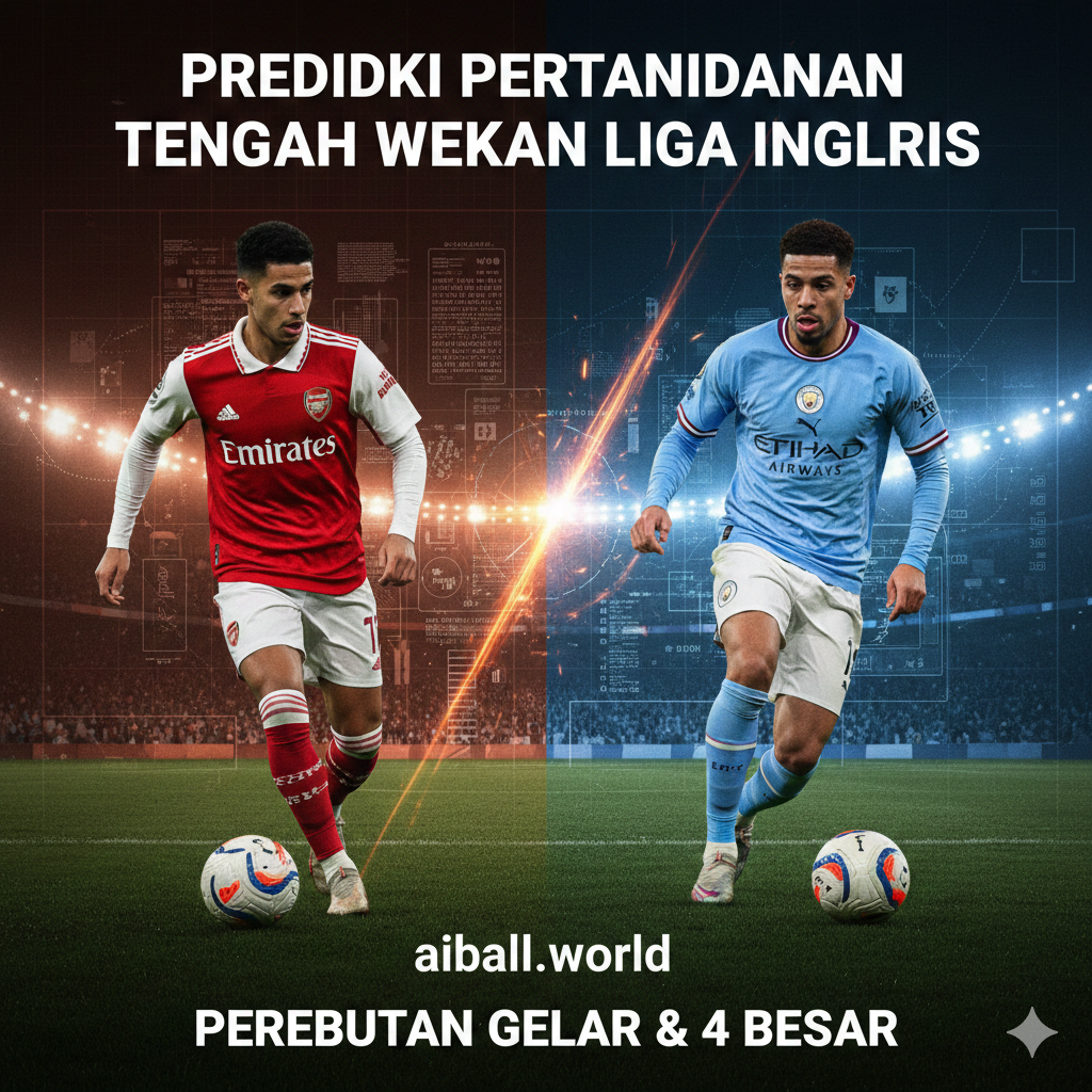 A split-screen style visual representing a high-stakes tactical battle between top-tier football clubs. On one side, a stylized representation of an Arsenal player in a red and white kit, and on the other, a Manchester City player in sky blue, both in dynamic action poses. The background is a digital abstract grid mixed with flickering stadium lights, symbolizing sports data and predictions. The lighting is dramatic with high contrast, using sparks and light trails to connect the two sides. The composition is balanced and aggressive, conveying the competitive nature of the top 4 race and title chase.