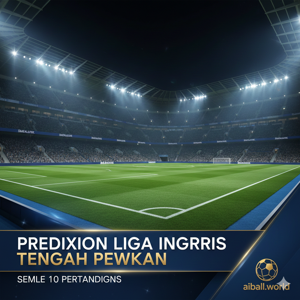 Sebuah gambar suasana stadion sepak bola Inggris yang megah di malam hari dengan lampu sorot yang terang benderang menyinari lapangan hijau. Di latar depan, terdapat grafis tipografi futuristik bertuliskan 'Premier League Predictions' dengan logo bergaya aiball.world yang elegan. Komposisi gambar menggunakan sudut pandang rendah (low angle) untuk memberikan kesan dramatis, dengan aksen warna biru tua dan emas yang mewah untuk menciptakan atmosfer kompetisi papan atas yang bergengsi.