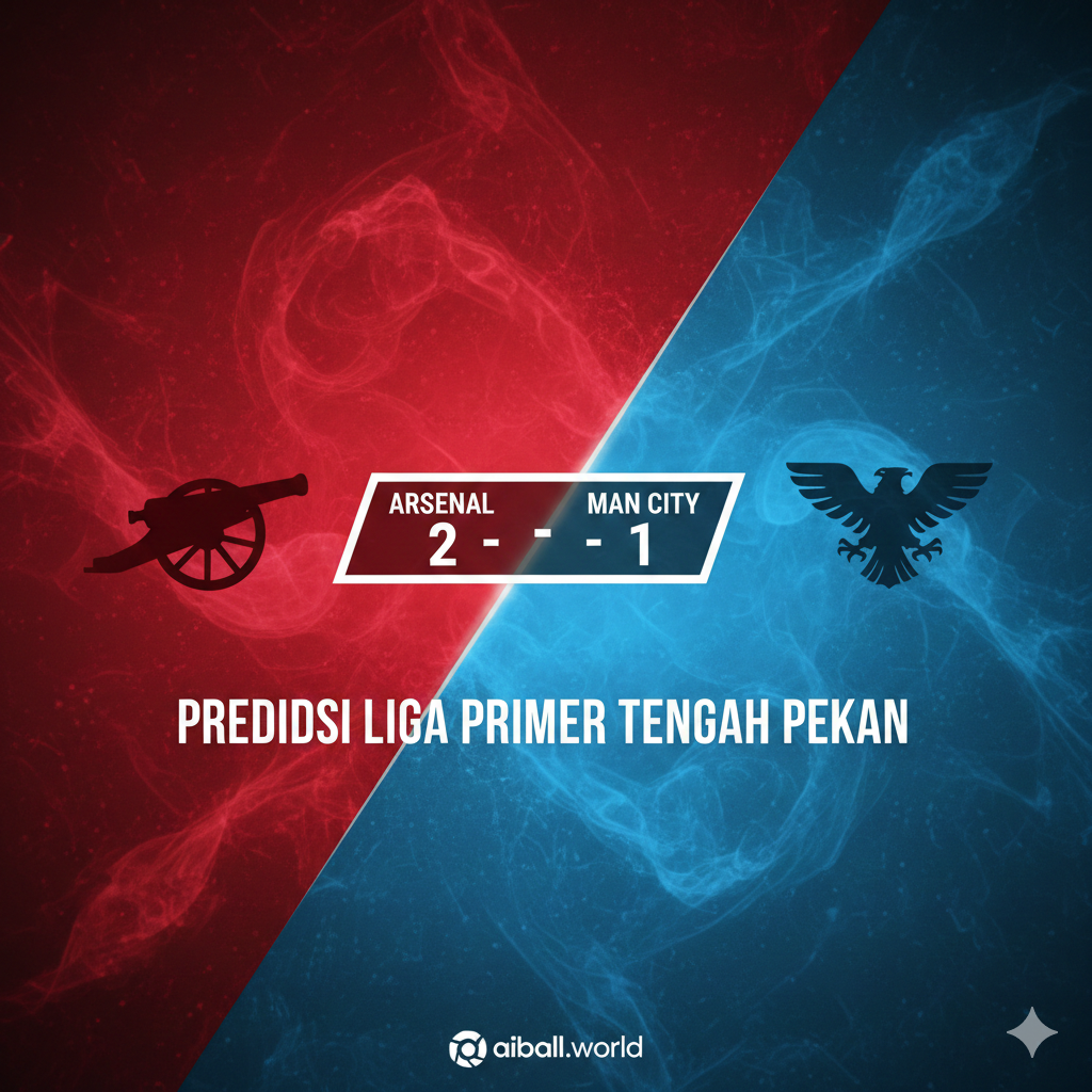 Ilustrasi visual yang membagi layar secara vertikal atau diagonal, menampilkan elemen ikonik dari tim papan atas seperti Arsenal dan Manchester City. Di satu sisi terdapat warna merah khas The Gunners dan di sisi lain biru langit The Citizens, dengan tekstur abstrak yang dinamis seperti percikan energi atau asap digital. Di tengahnya terdapat grafis papan skor yang menampilkan angka-angka prediksi, menggunakan gaya desain datar (flat design) yang bersih dan modern, sangat cocok dengan estetika situs web olahraga kontemporer.