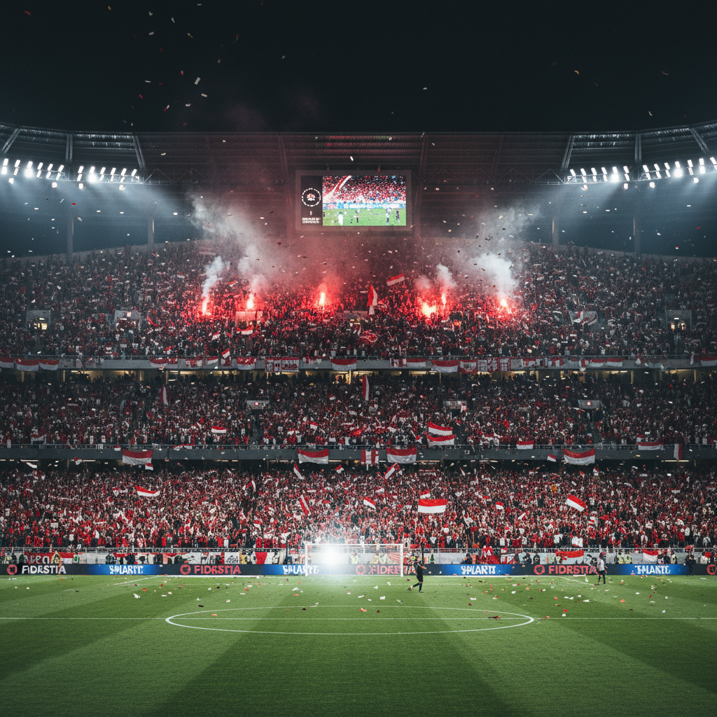 Penggemar sepak bola Indonesia merayakan di stadion