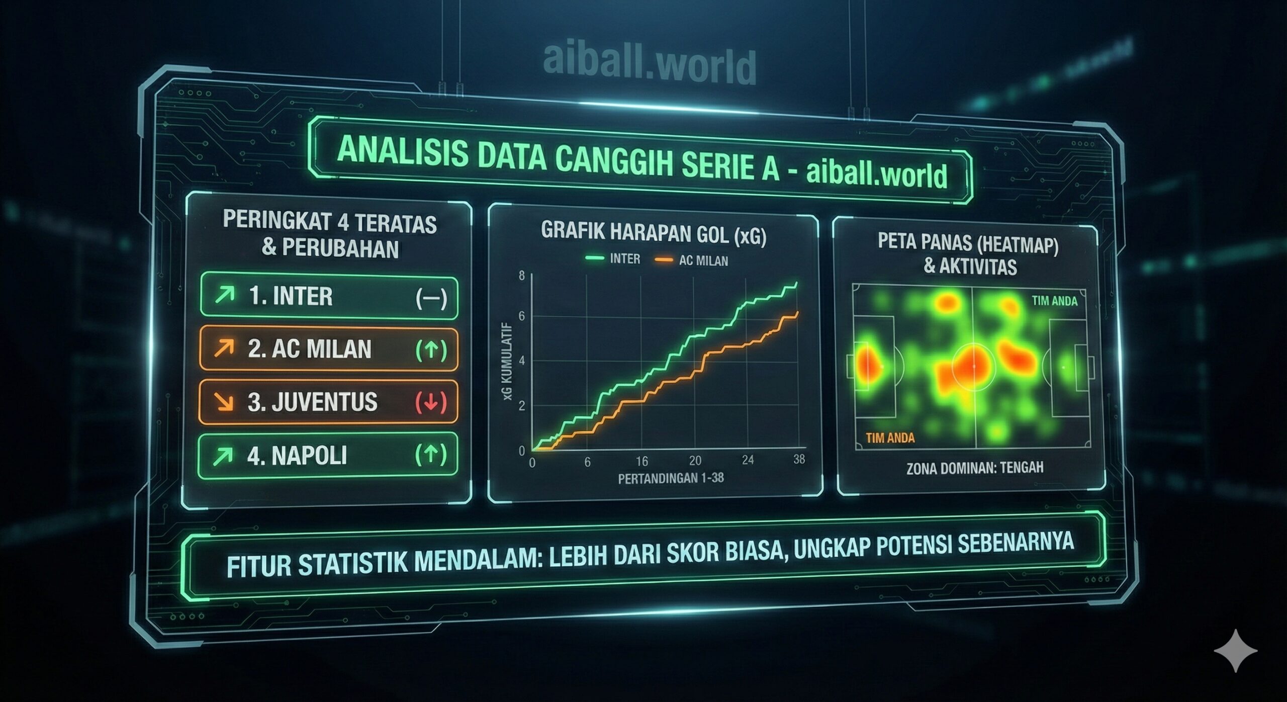 一张充满张力的意甲联赛2024/2025赛季主题封面图。画面中央展示闪耀的意甲冠军奖杯(Scudetto),周围环绕着意甲豪门球队(如国际米兰、尤文图斯、AC米兰)的动态剪影。背景是著名的意大利足球场(如圣西罗球场)在夜灯下的宏大场景,融合了意大利国旗的绿白红三色光效与aiball.world品牌的科技蓝,营造出专业、激情且数据驱动的体育氛围。