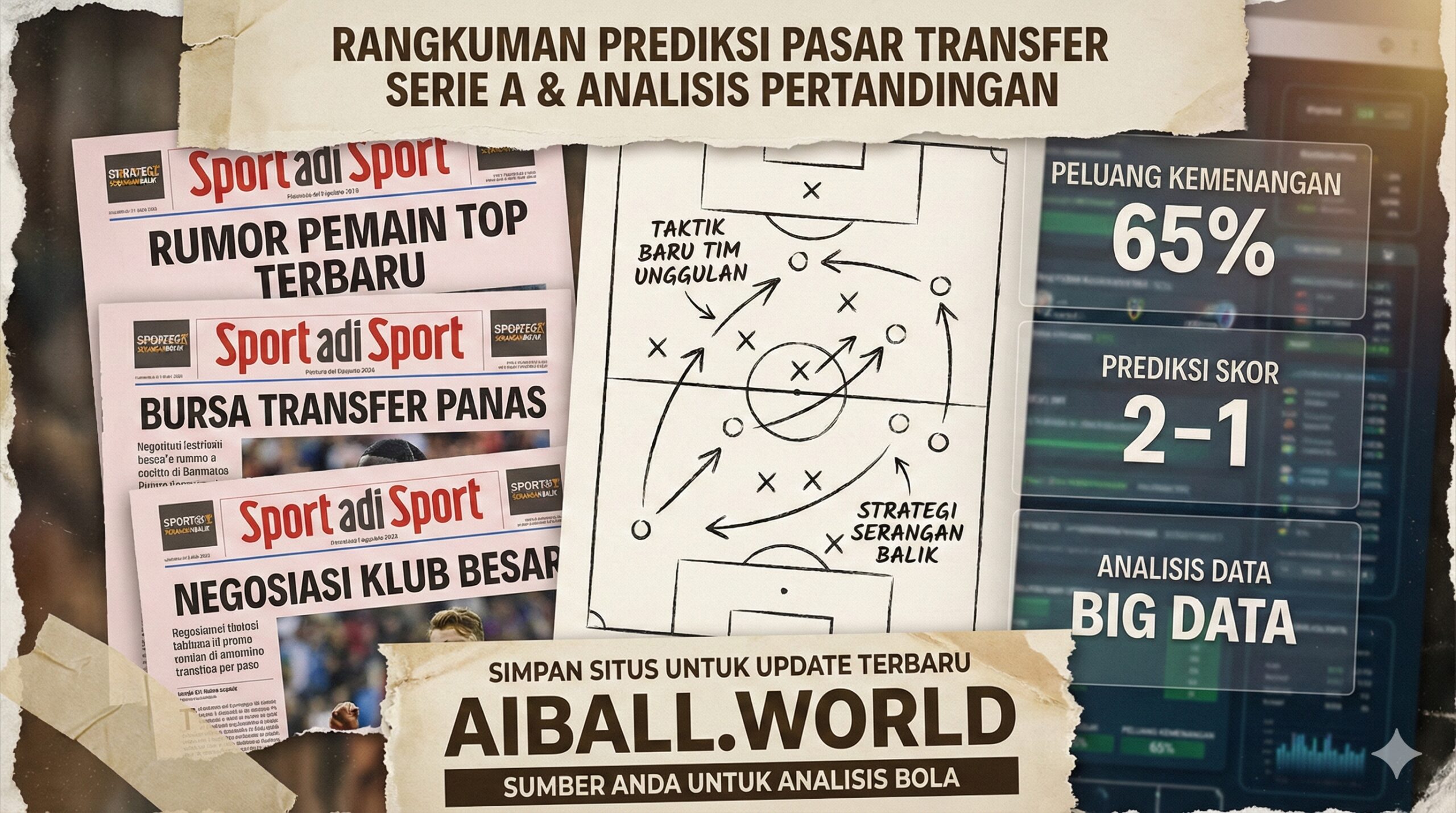 意甲转会传闻与比赛预测的总结性视觉图。画面采用拼贴艺术风格,将意大利体育报纸的头条新闻(关于转会Rumor)、足球战术板的战术箭头以及大数据的胜率预测百分比结合在一起。光影处理柔和但具有层次感,象征着从纷繁复杂的传闻中提炼出有价值的预测信息,呼吁用户收藏网站以获取最新资讯。