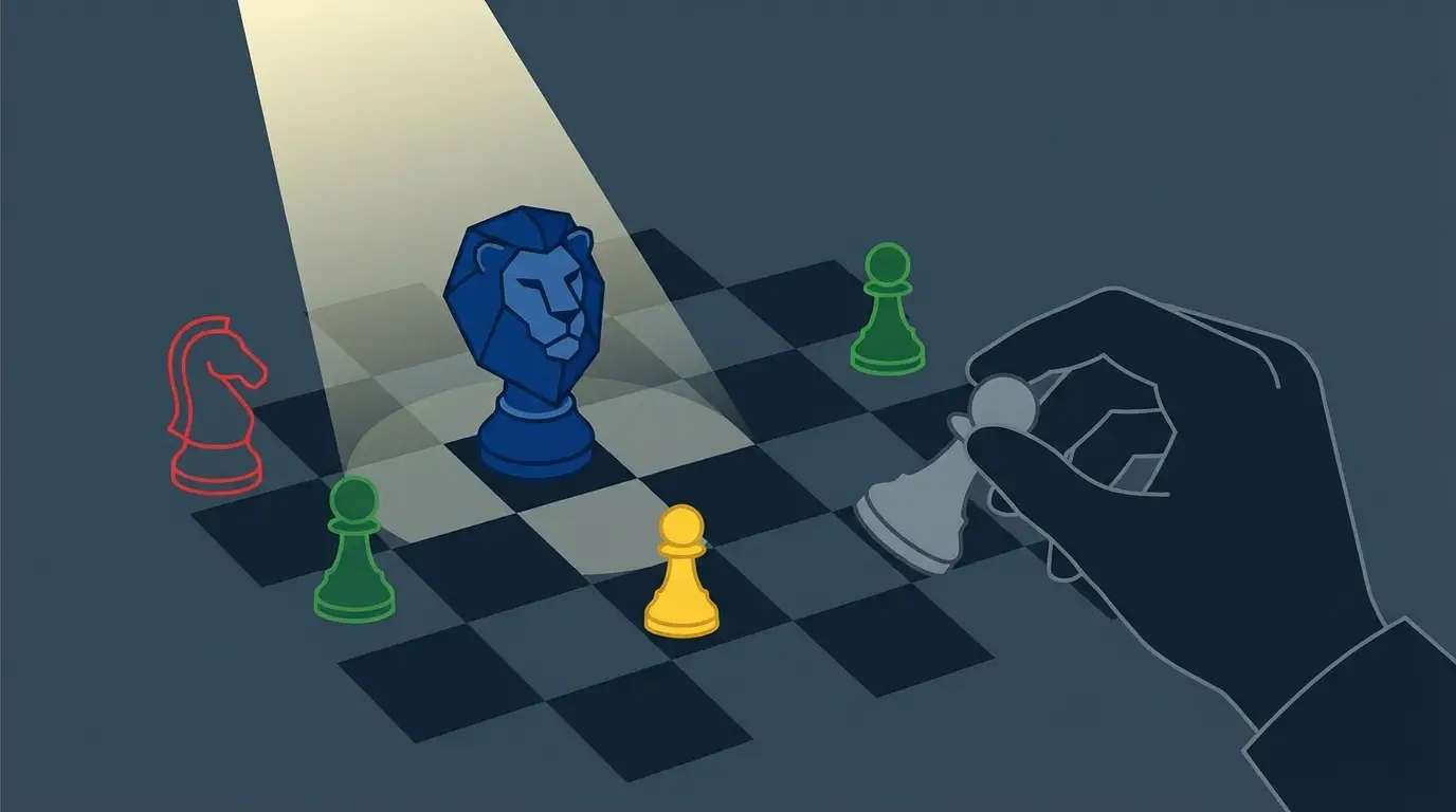 A chessboard. A blue lion-shaped chess piece (Persib) is advanced confidently on the opponent's side. Several differently-colored, agitated-looking standard chess pieces (rivals) are on the same side. A shadowy hand hovers, about to place another piece from the box onto the board near them.