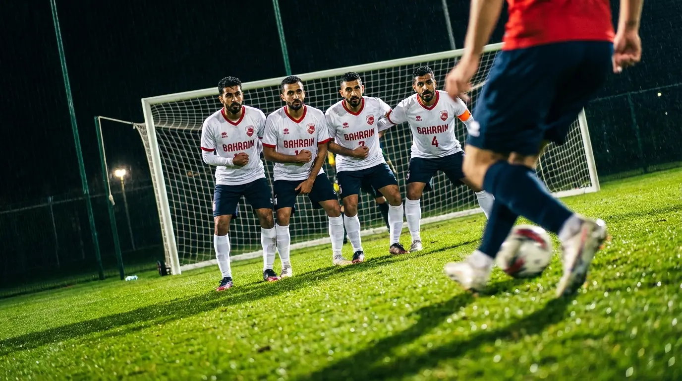 A conceptual image representing the organized, compact, and disciplined defensive block of the Bahrain national team, as viewed from an attacker's perspective.