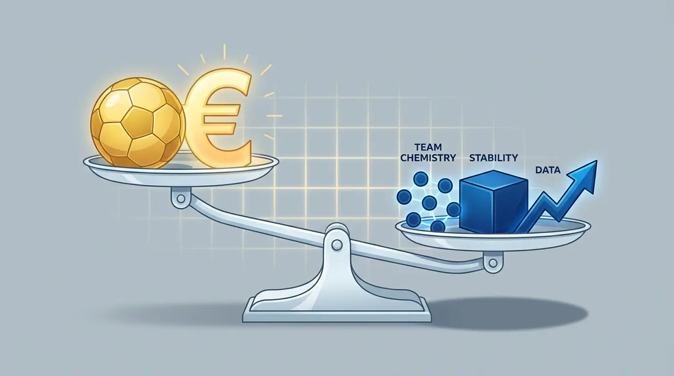 A conceptual scale. The left side holds a shiny, exaggerated golden football and euro symbol (rumors). The right side holds interconnected blue dots (team chemistry), a solid cube (stability), and an upward arrow (data), weighing down the scale.