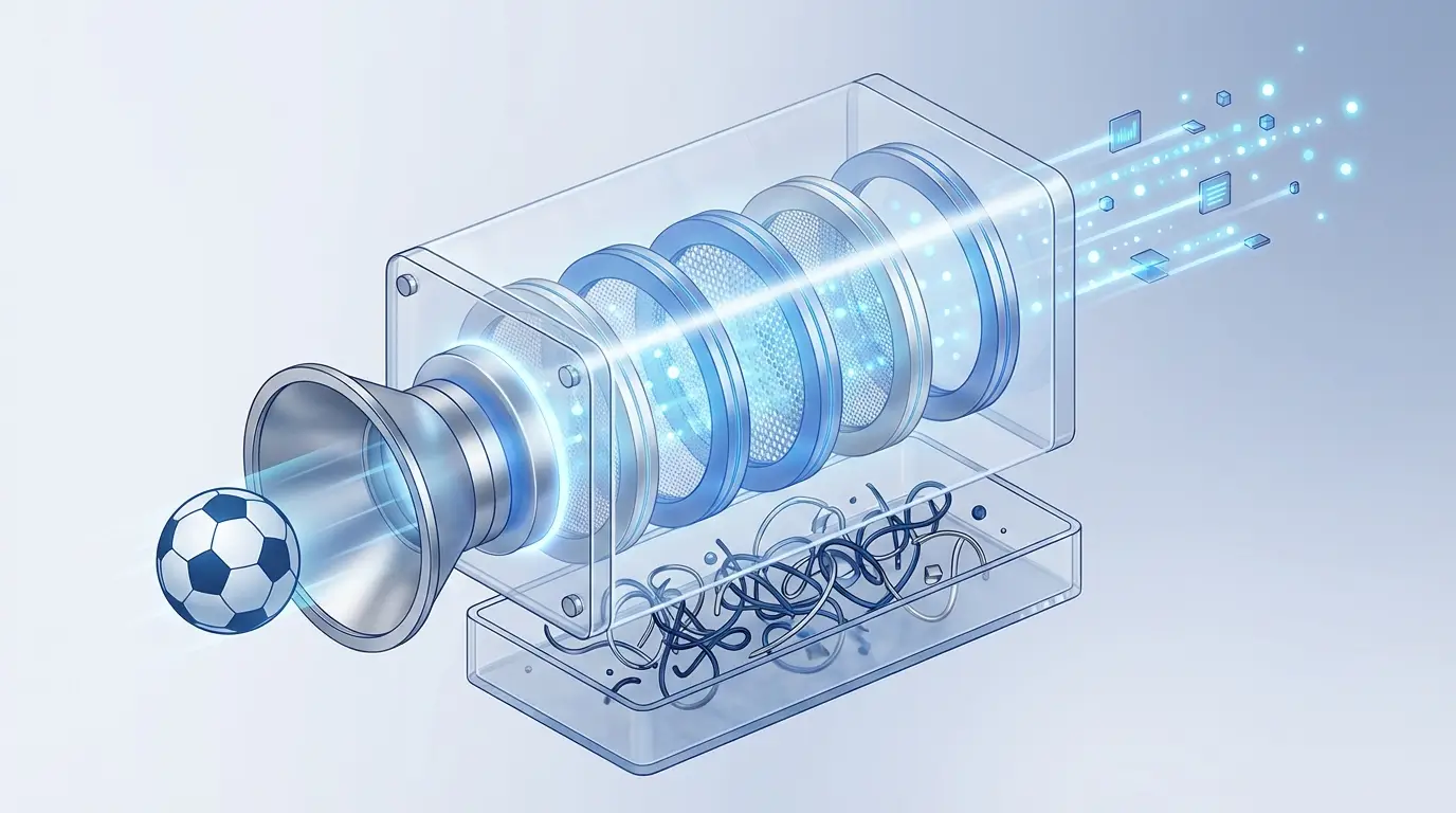 A conceptual illustration of a football being filtered through a layered analytical device, separating clear insight from noisy speculation.
